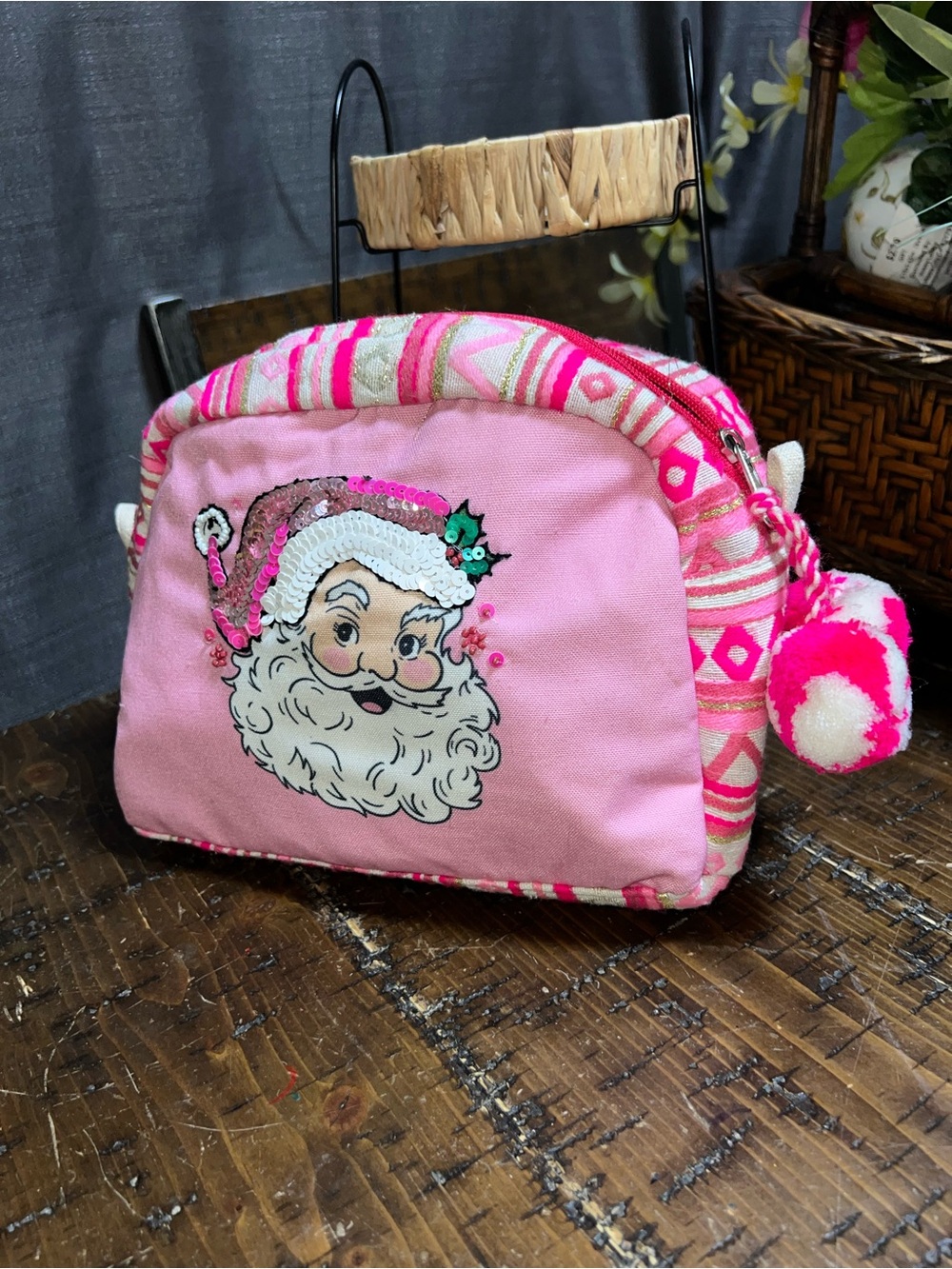 Jane Marie Whimsy Sequin Santa Cosmetic Bag with Pom Pink Aztec makeup travel
